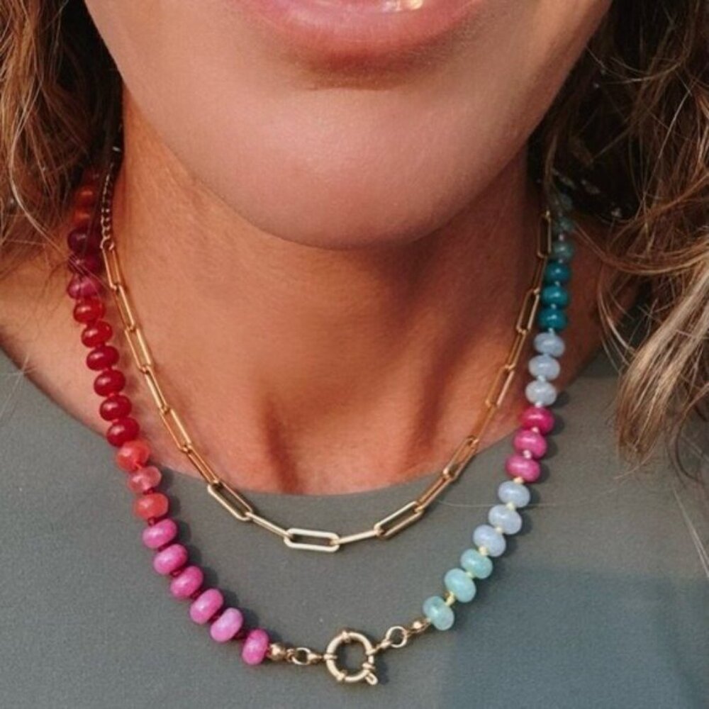 Rainbow Crystal Beaded Necklace 18K Gold Toggle Waterproof Boho Layering Jewelry - Picture 4 of 16